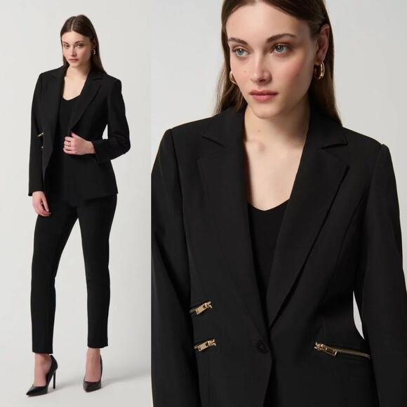 Joseph Ribkoff Classic Black Woven Blazer Gold Zippers Size 10 NWT - Picture 2 of 12